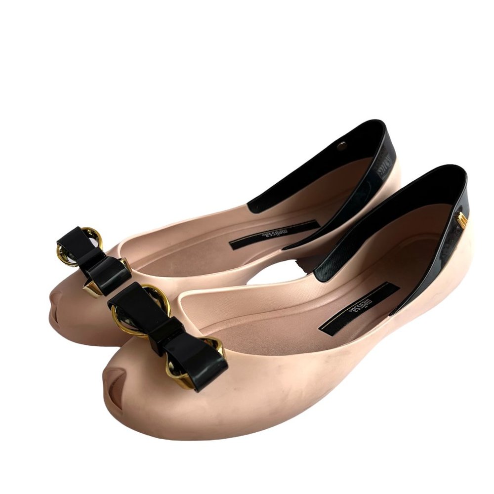 Melissa Queen V Peep Toe Jelly Flats Pink Black